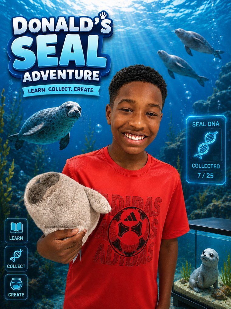 Donald's Seal Adventure poster: Donald holding a plush seal underwater with seals swimming behind him